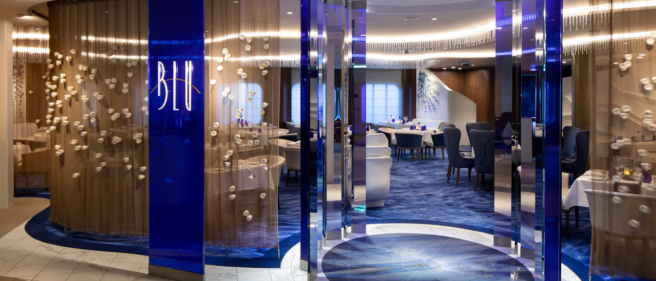 Restaurant Blu is exclusively for Aquaclass stateroom guests. Blu serves healthy gourmet food